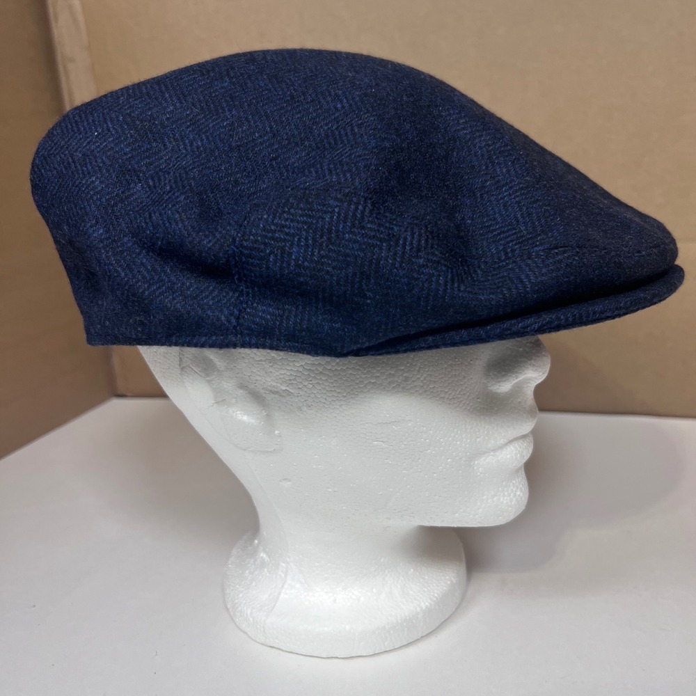 Voboom Mens Navy Blue Herringbone Wool Blend Ivy Flat Cap Hat Size 63cm 7 3/4